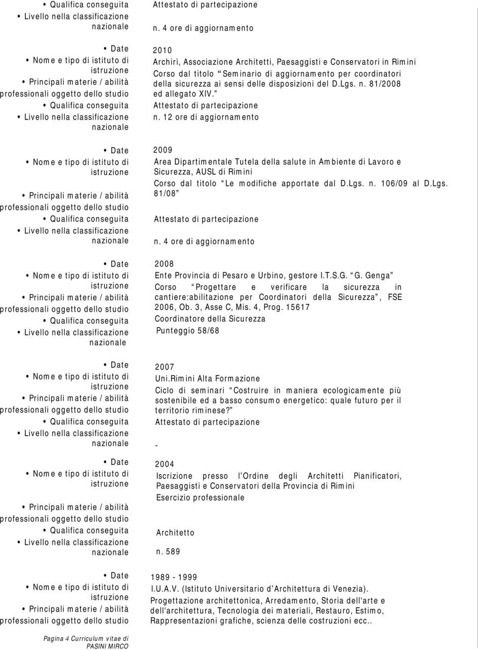 Lgs. n. 106/09 al D.Lgs. 81/08 n. 4 ore di aggiornamento 2008 Ente Provincia di Pesaro e Urbino, gestore I.T.S.G. G.