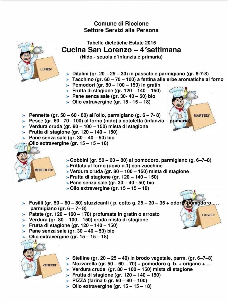 50 60-80) all olio, parmigiano (g. 6 7-8) Pesce (gr. 60-70 - 100) al forno (nido) a cotoletta (infanzia primaria) Gobbini (gr. 50 60 80) al pomodoro, parmigiano (g. 6 7 8) Frittata al forno (uovo n.