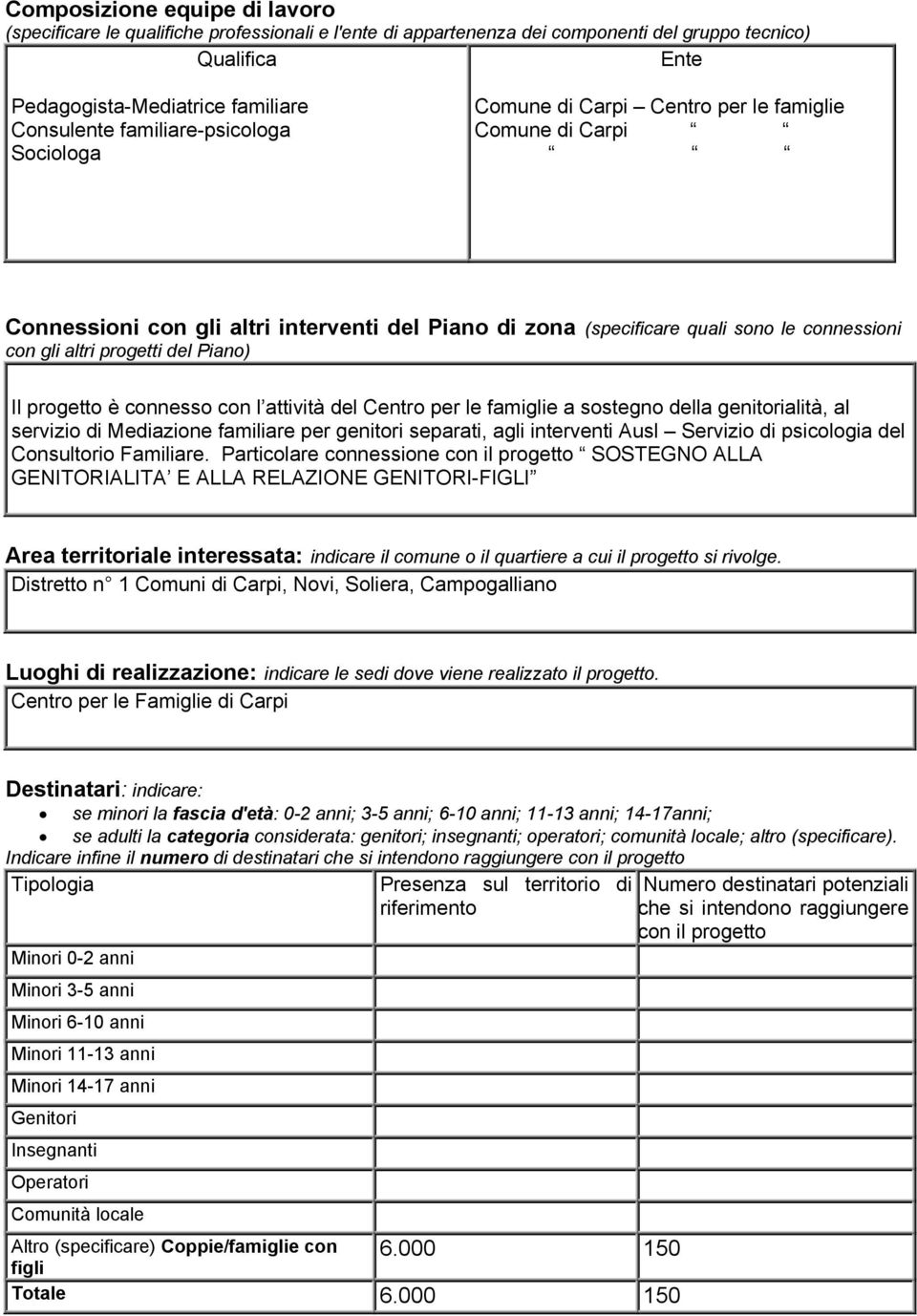 progetti del Piano) Il progetto è connesso con l attività del Centro per le famiglie a sostegno della genitorialità, al servizio di Mediazione familiare per genitori separati, agli interventi Ausl