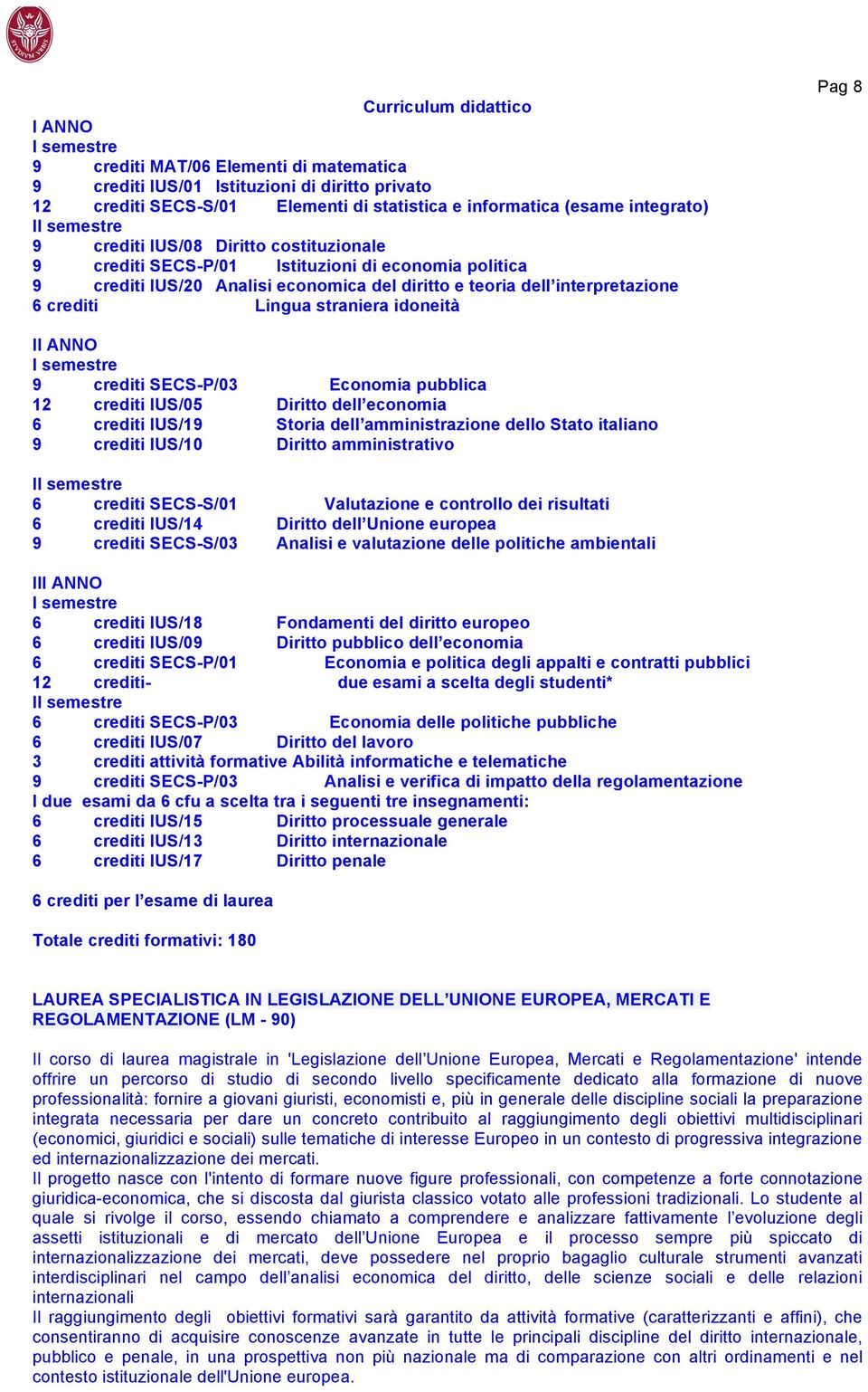 idoneità Pag 8 II ANNO 9 crediti SECS-P/03 Economia pubblica 12 crediti IUS/05 Diritto dell economia 6 crediti IUS/19 Storia dell amministrazione dello Stato italiano 9 crediti IUS/10 Diritto