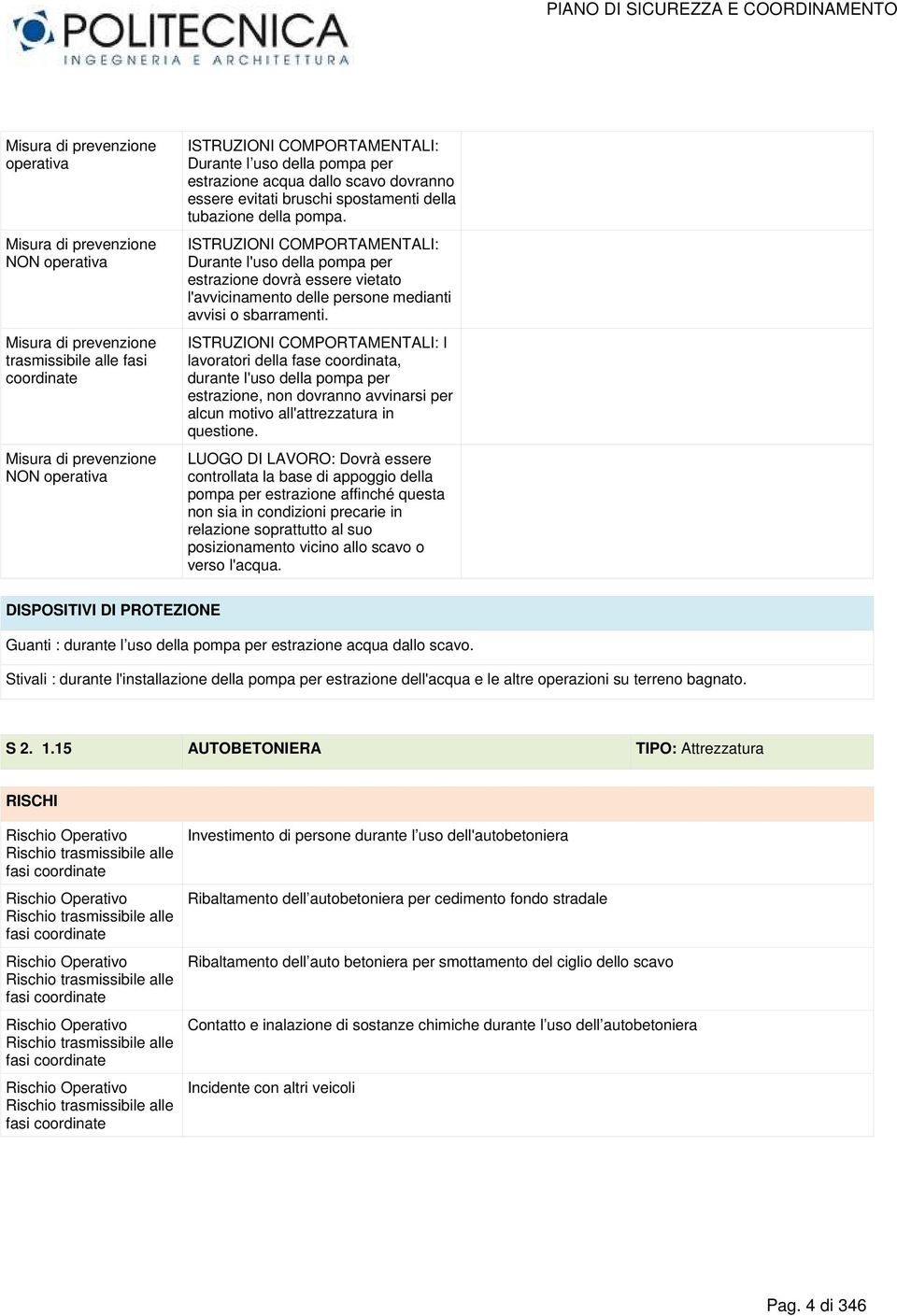 ISTRUZIONI COMPORTAMENTALI: I lavoratori della fase coordinata, durante l'uso della pompa per estrazione, non dovranno avvinarsi per alcun motivo all'attrezzatura in questione.