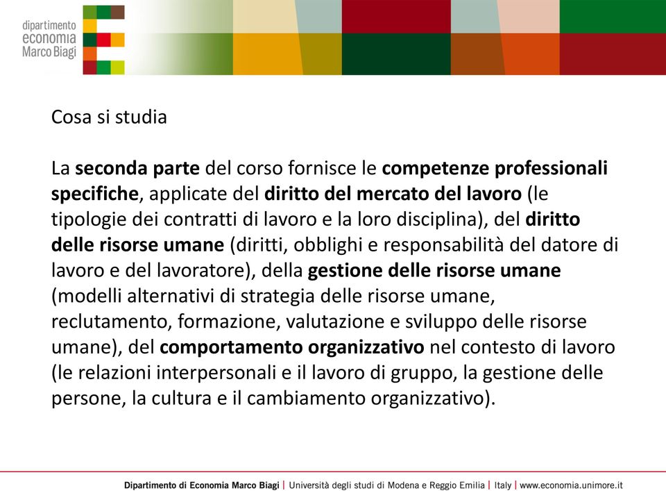 gestione delle risorse umane (modelli alternativi di strategia delle risorse umane, reclutamento, formazione, valutazione e sviluppo delle risorse umane), del