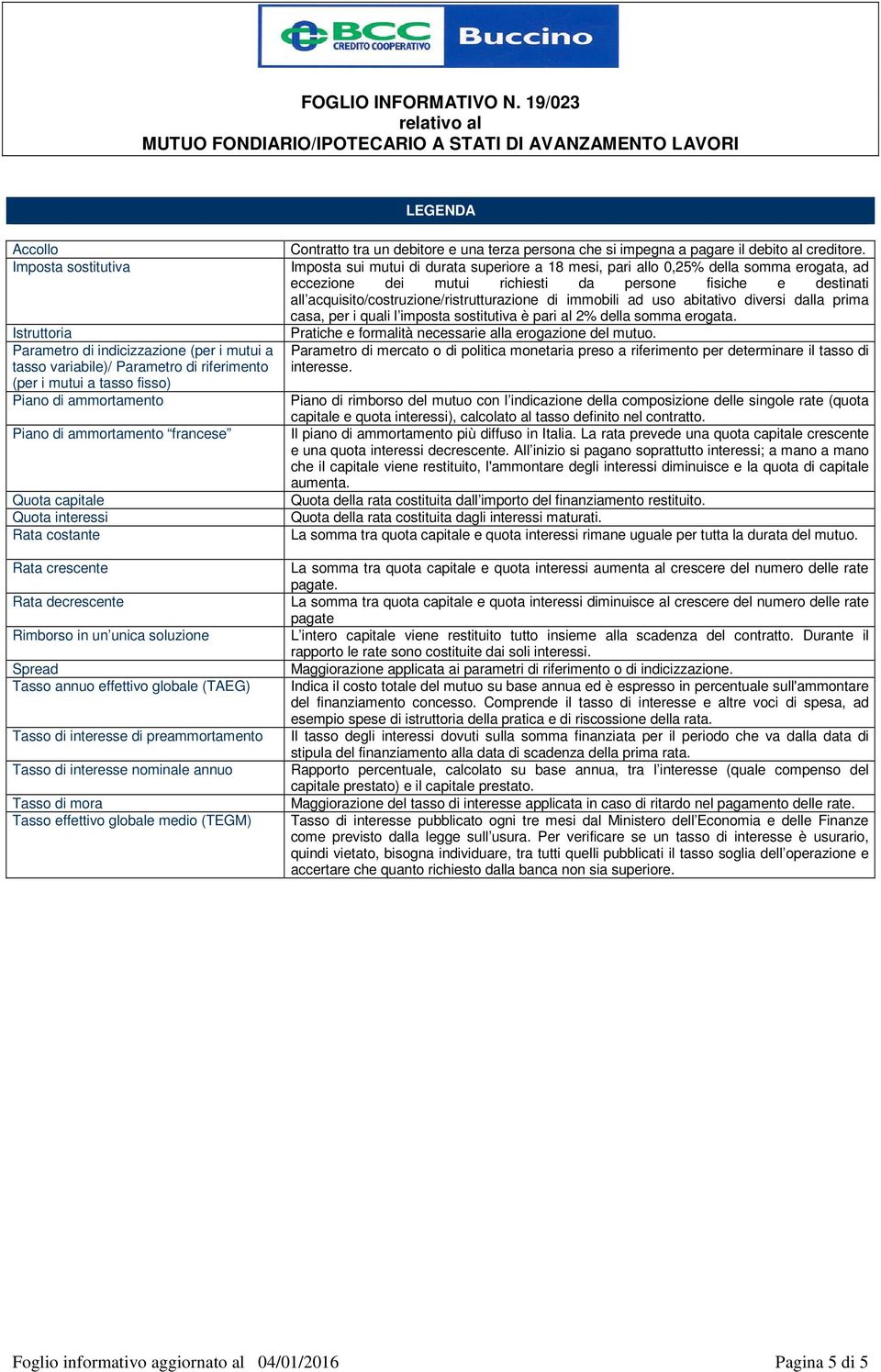 nominale annuo Tasso effettivo globale medio (TEGM) Contratto tra un debitore e una terza persona che si impegna a pagare il debito al creditore.