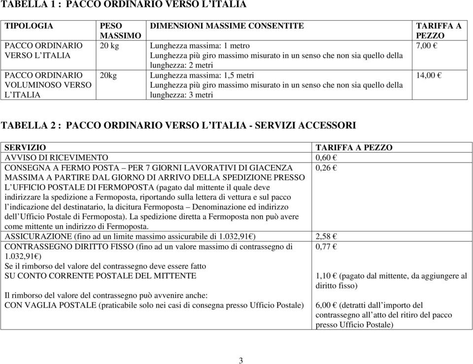 della lunghezza: 3 metri TARIFFA A PEZZO 7,00 14,00 TABELLA 2 : PACCO ORDINARIO VERSO L ITALIA - SERVIZI ACCESSORI SERVIZIO TARIFFA A PEZZO AVVISO DI RICEVIMENTO 0,60 CONSEGNA A FERMO POSTA PER 7