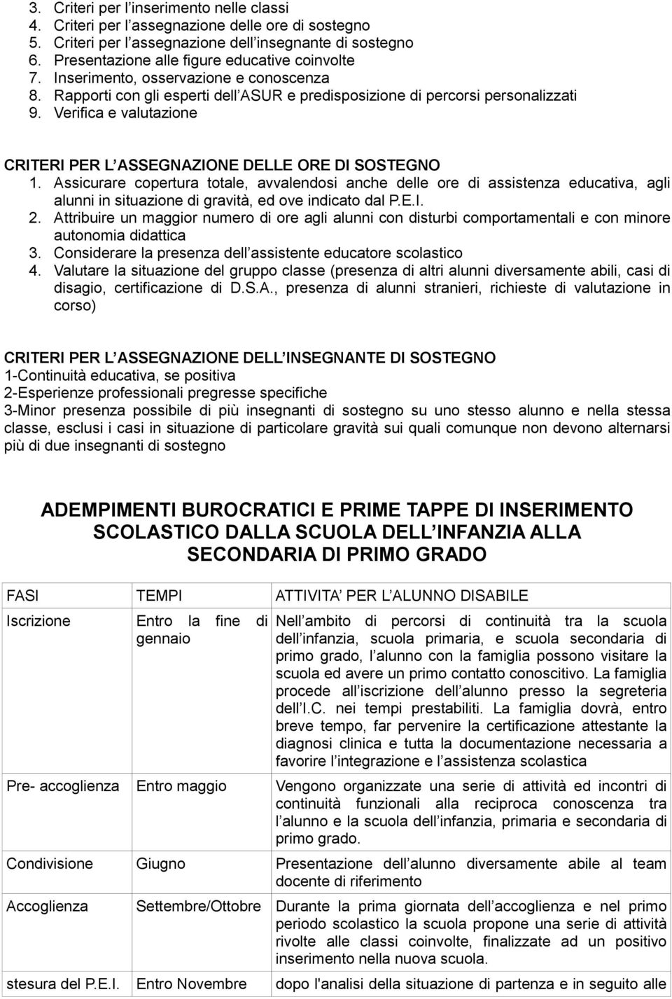 Verifica e valutazione CRITERI PER L ASSEGNAZIONE DELLE ORE DI SOSTEGNO 1.