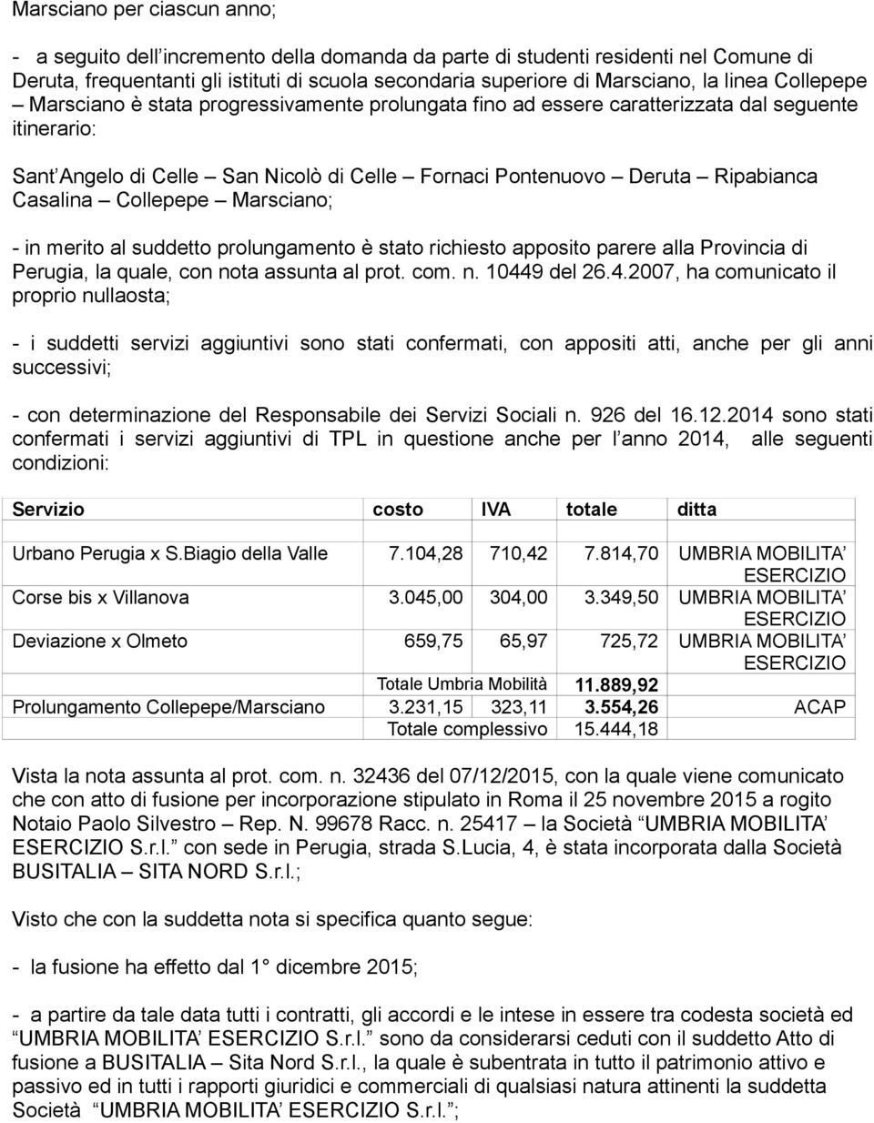 Casalina Collepepe Marsciano; - in merito al suddetto prolungamento è stato richiesto apposito parere alla Provincia di Perugia, la quale, con nota assunta al prot. com. n. 1044