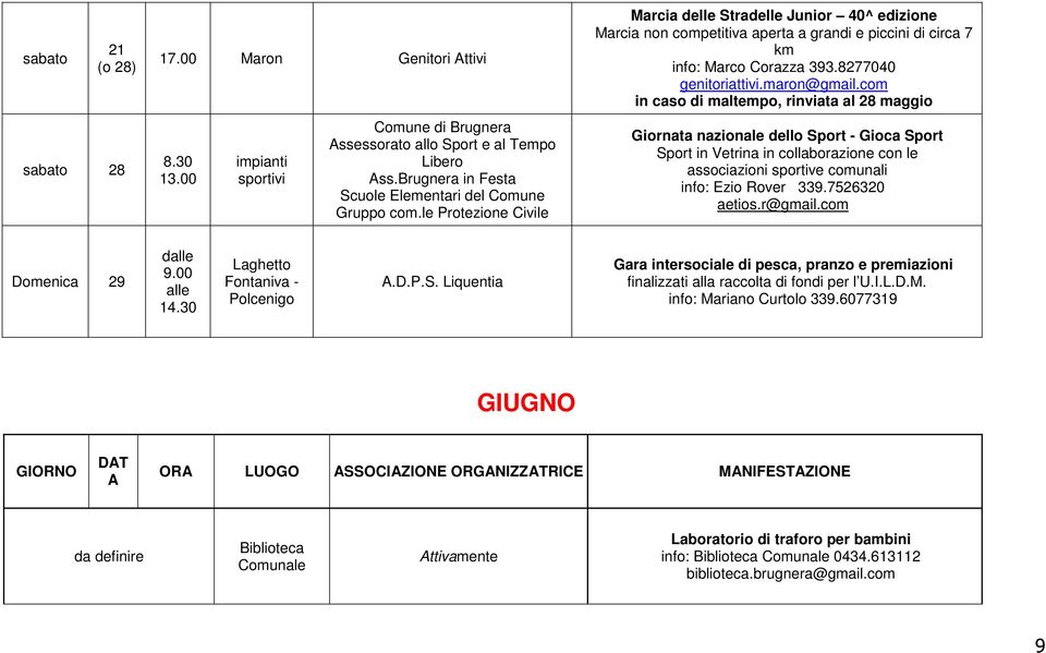 com in cso di mltempo, rinvit l 28 mggio Giornt nzionle dello Sport - Gioc Sport Sport in Vetrin in collborzione con le ssocizioni sportive comunli info: Ezio Rover 339.7526320 etios.r@gmil.