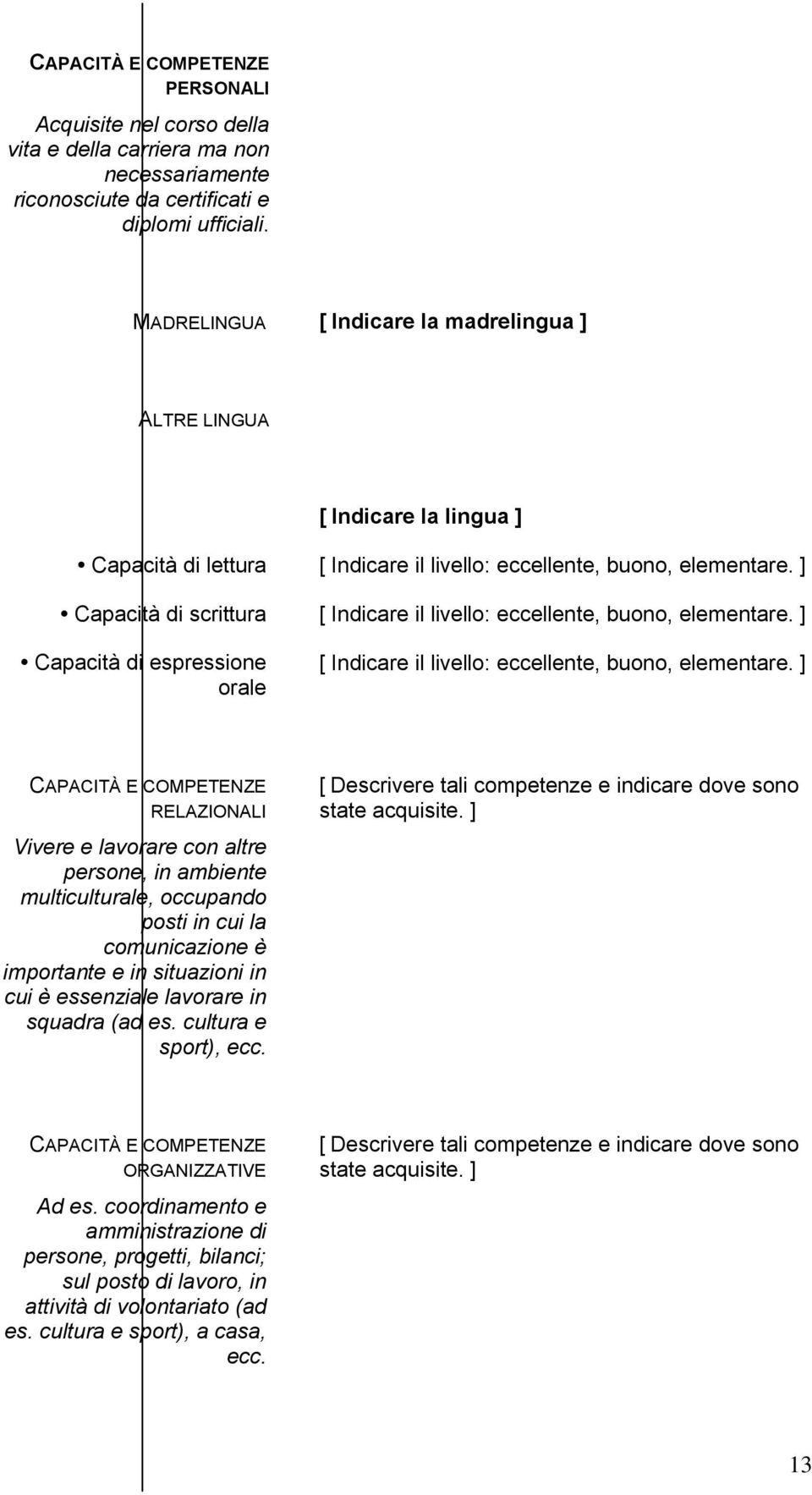 ] Capacità di scrittura [ Indicare il livello: eccellente, buono, elementare. ] Capacità di espressione orale [ Indicare il livello: eccellente, buono, elementare.