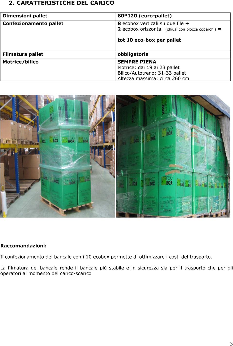 Bilico/Autotreno: 31-33 pallet Altezza massima: circa 260 cm Raccomandazioni: Il confezionamento del bancale con i 10 ecobox permette di ottimizzare i