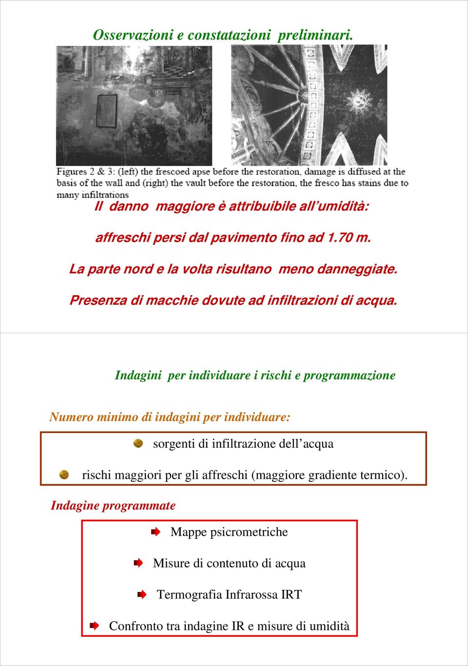 Indagini per individuare i rischi e programmazione Numero minimo di indagini per individuare: sorgenti di infiltrazione dell acqua rischi