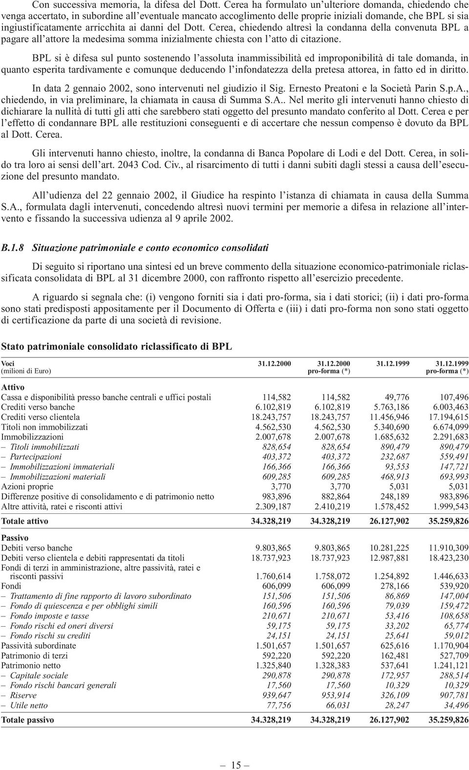 ai danni del Dott. Cerea, chiedendo altresì la condanna della convenuta BPL a pagare all attore la medesima somma inizialmente chiesta con l atto di citazione.