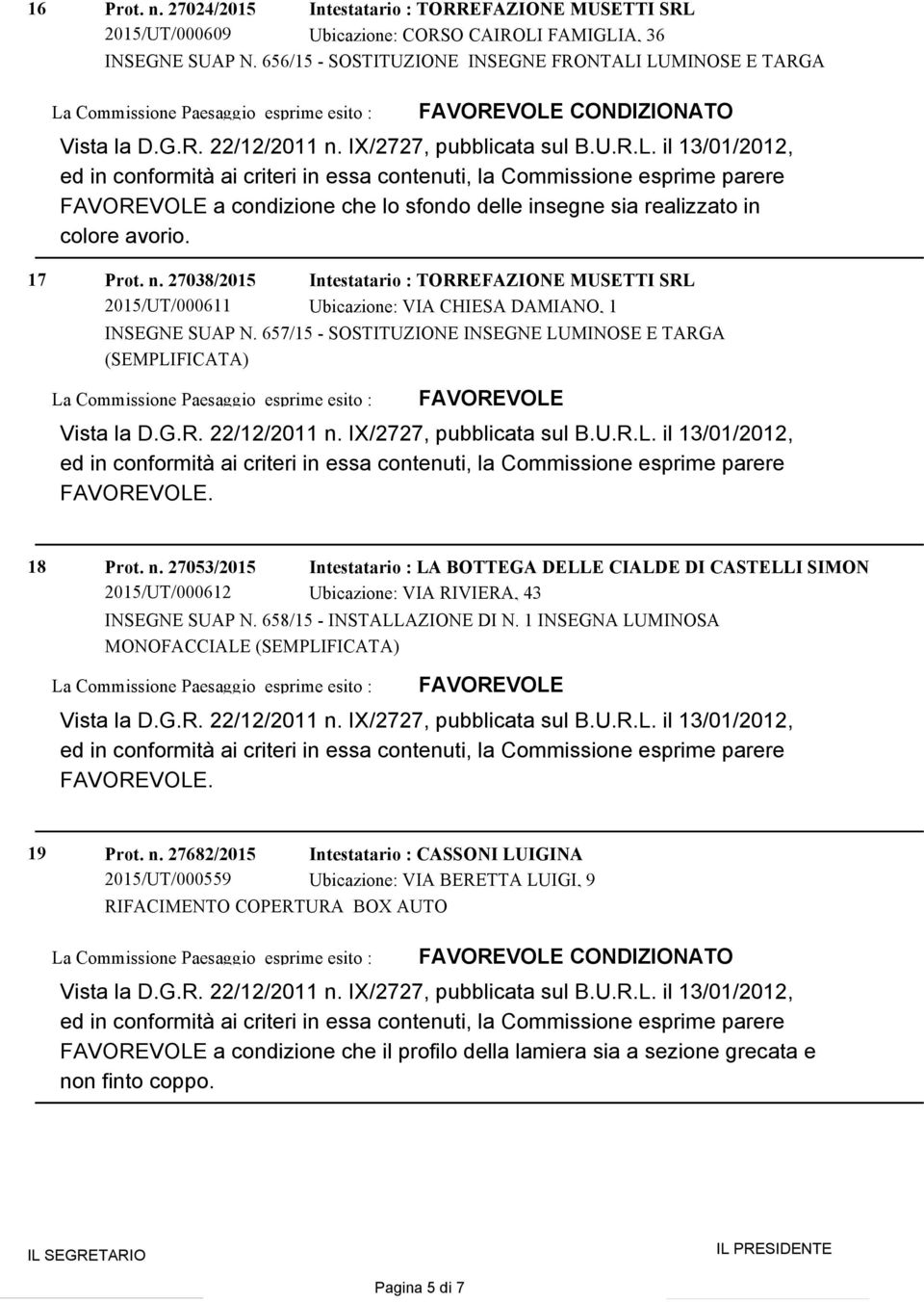 27038/2015 2015/UT/000611 Intestatario : TORREFAZIONE MUSETTI SRL Ubicazione: VIA CHIESA DAMIANO, 1 INSEGNE SUAP N. 657/15 - SOSTITUZIONE INSEGNE LUMINOSE E TARGA (SEMPLIFICATA). 18 Prot. n.