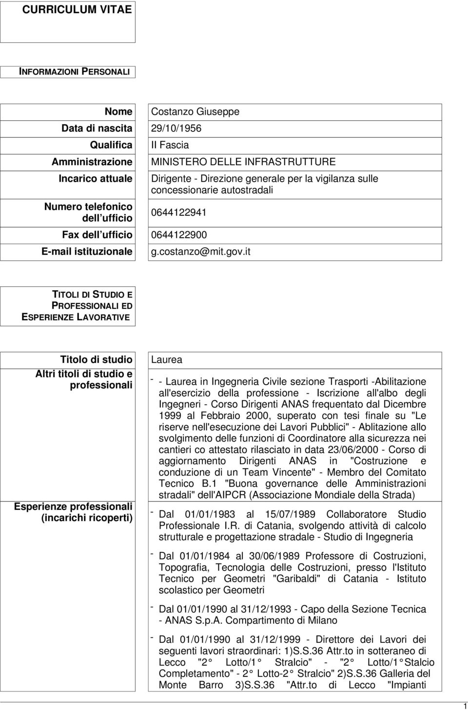 it TITOLI DI STUDIO E PROFESSIONALI ED ESPERIENZE LAVORATIVE Titolo di studio Altri titoli di studio e professionali Esperienze professionali (incarichi ricoperti) Laurea - - Laurea in Ingegneria