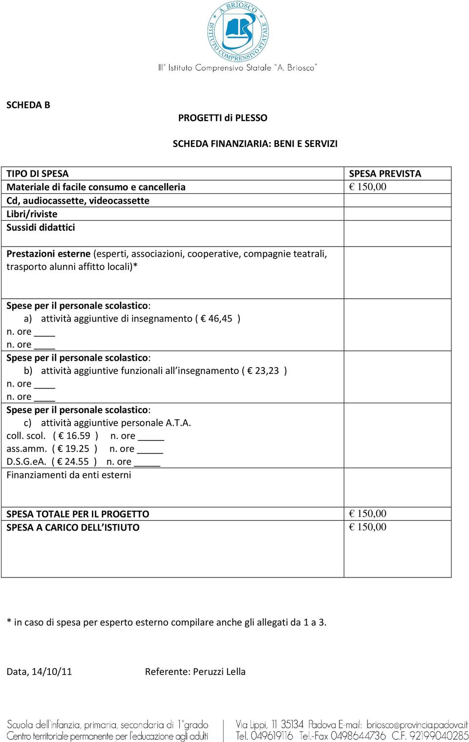 46,45 ) n. ore n. ore Spese per il personale scolastico: b) attività aggiuntive funzionali all insegnamento ( 23,23 ) n. ore n. ore Spese per il personale scolastico: c) attività aggiuntive personale A.