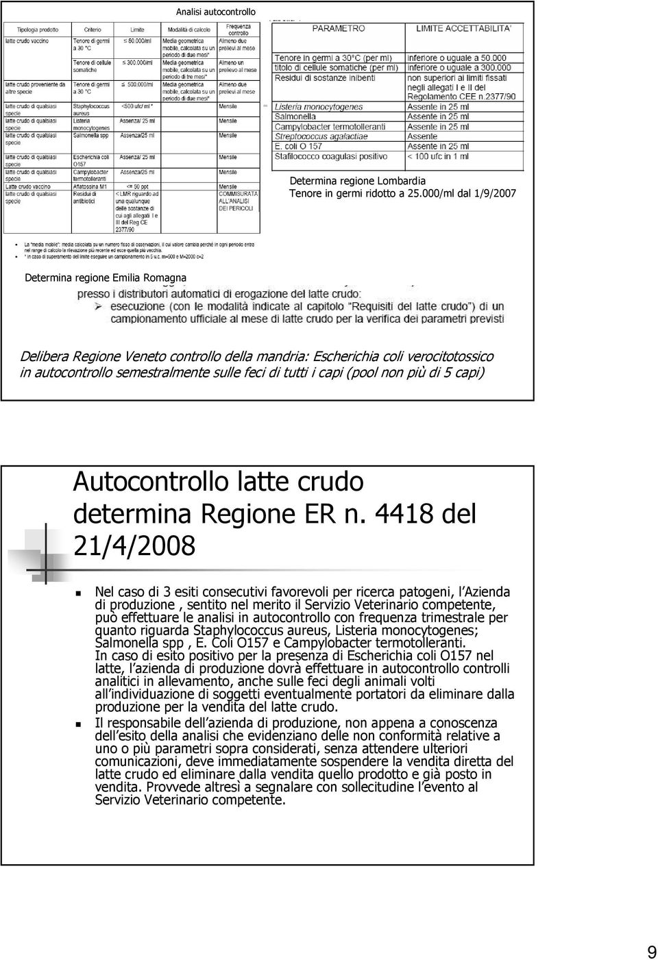 non più di 5 capi) Autocontrollo latte crudo determina Regione ER n.