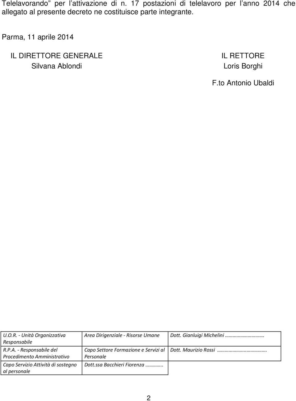 Parma, 11 aprile 2014 IL DIRETTORE GENERALE Silvana Ablondi IL RETTORE Loris Borghi F.to Antonio Ubaldi U.O.R. - Unità Organizzativa Responsabile R.