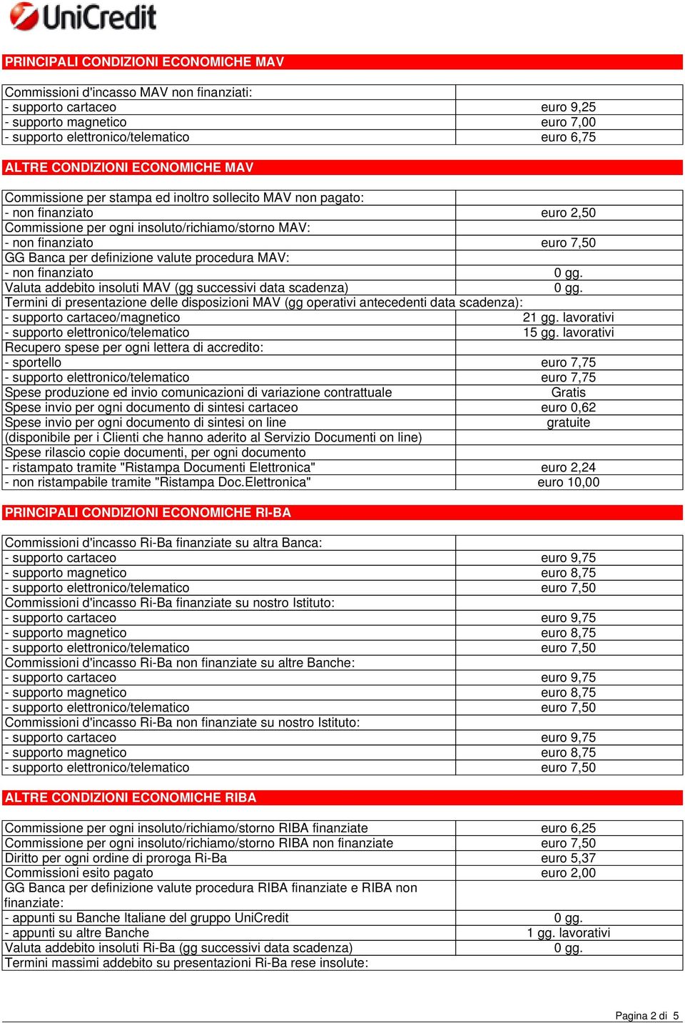 per definizione valute procedura MAV: - non finanziato 0 gg. Valuta addebito insoluti MAV (gg successivi data scadenza) 0 gg.