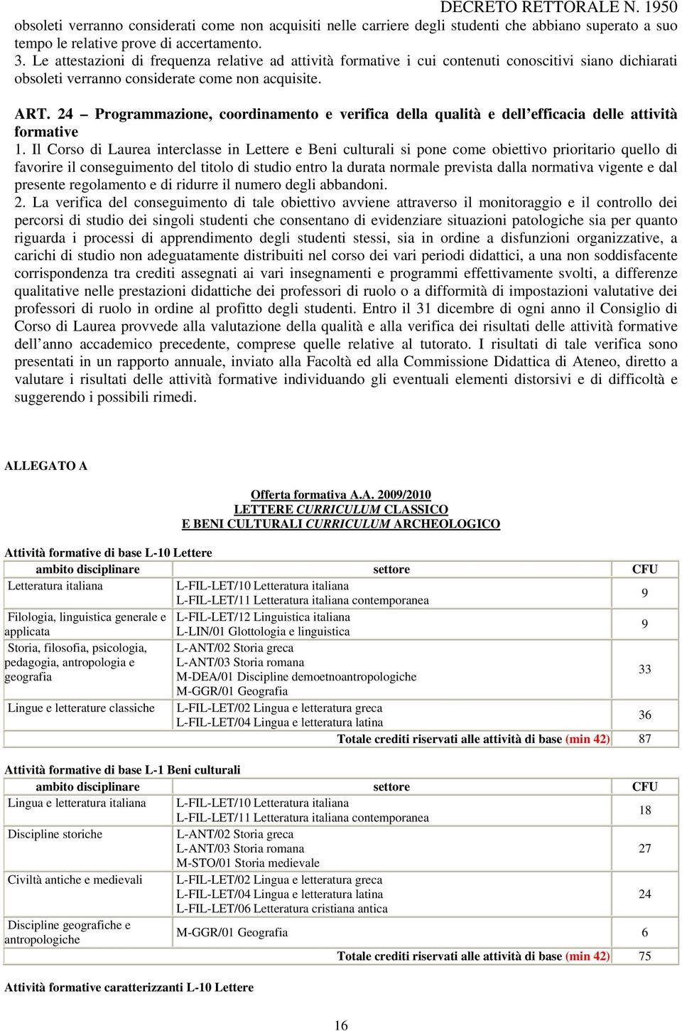 24 Programmazione, coordinamento e verifica della qualità e dell efficacia delle attività formative 1.