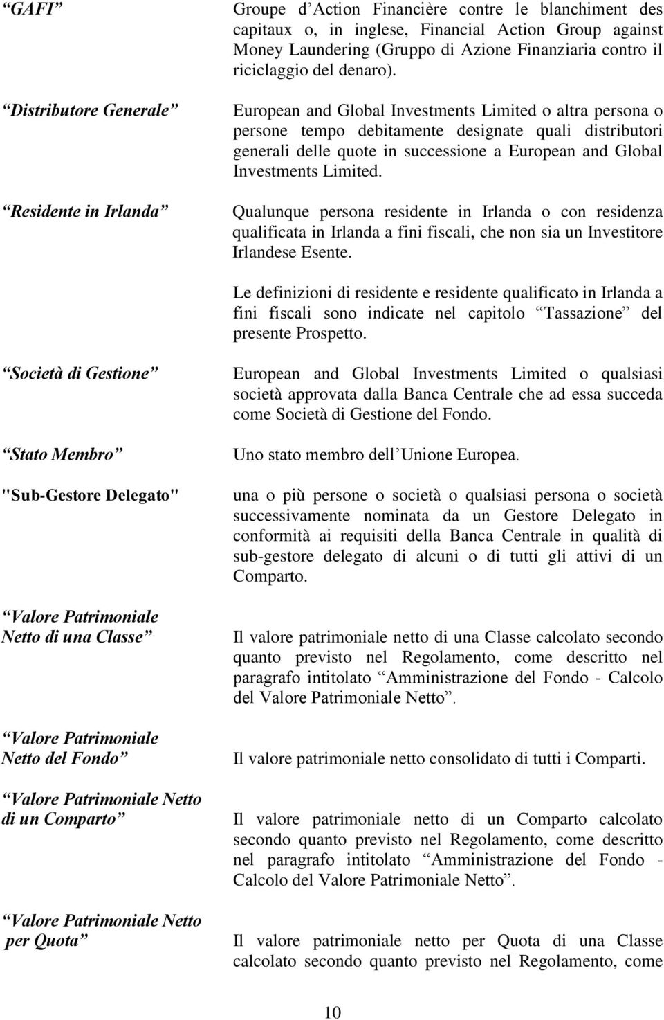 European and Global Investments Limited o altra persona o persone tempo debitamente designate quali distributori generali delle quote in successione a European and Global Investments Limited.