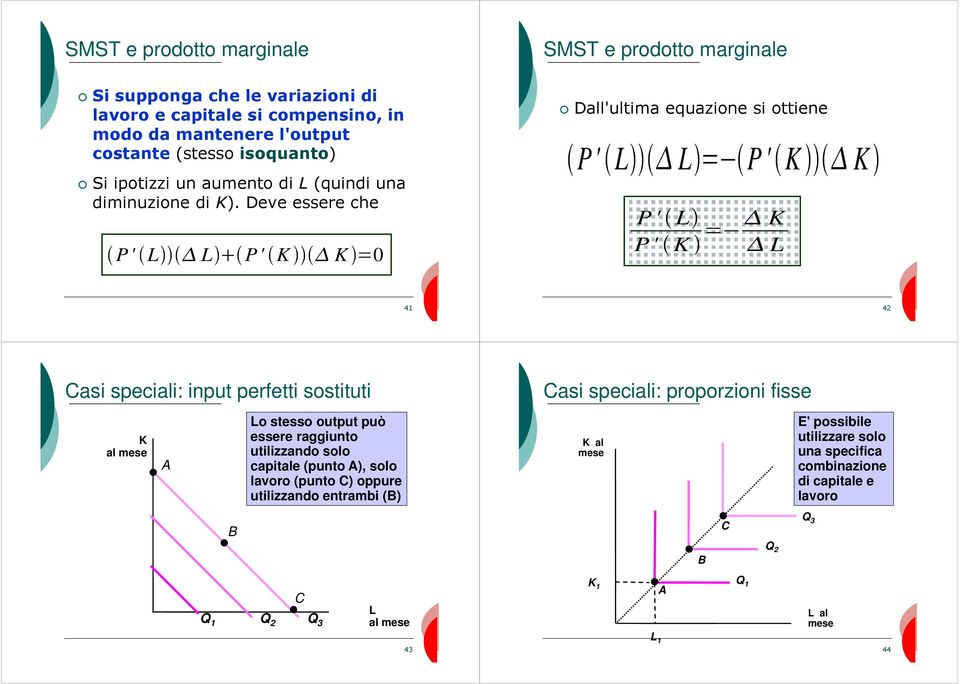 Deve essere che P' P' K K 0 Dall'ultima equazione si ottiene P' P ' K K P' P' K K 41 42 Casi speciali: input perfetti sostituti Casi speciali: proporzioni fisse K al