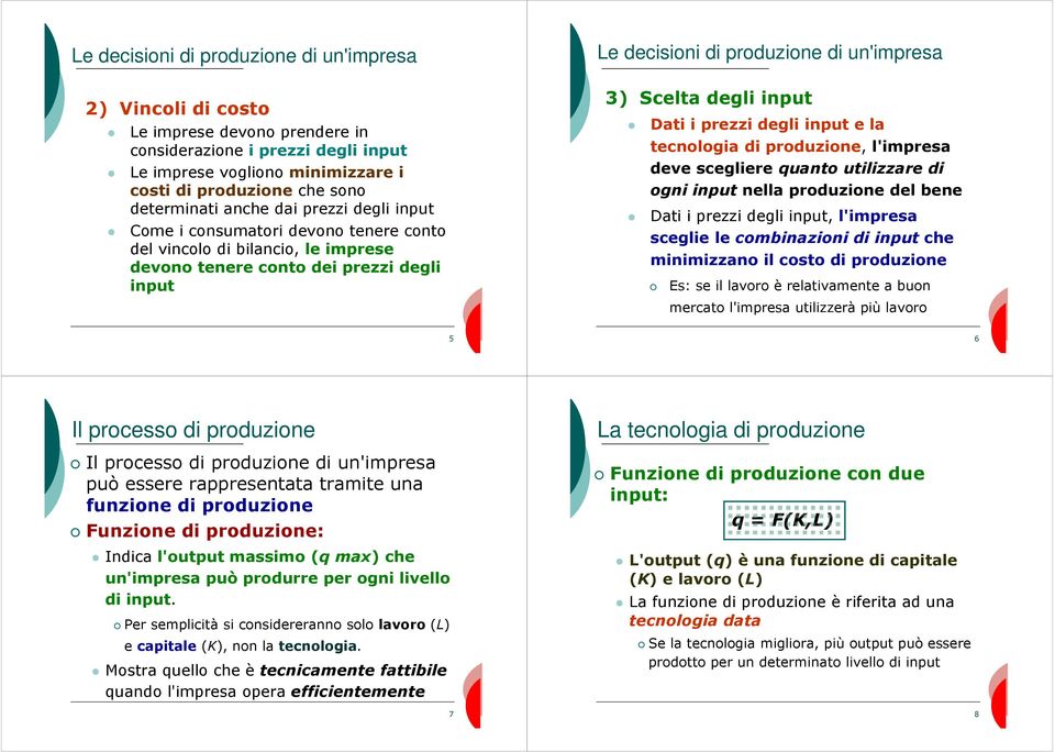 degli input Dati i prezzi degli input e la tecnologia di produzione, l'impresa deve scegliere quanto utilizzare di ogni input nella produzione del bene Dati i prezzi degli input, l'impresa sceglie le