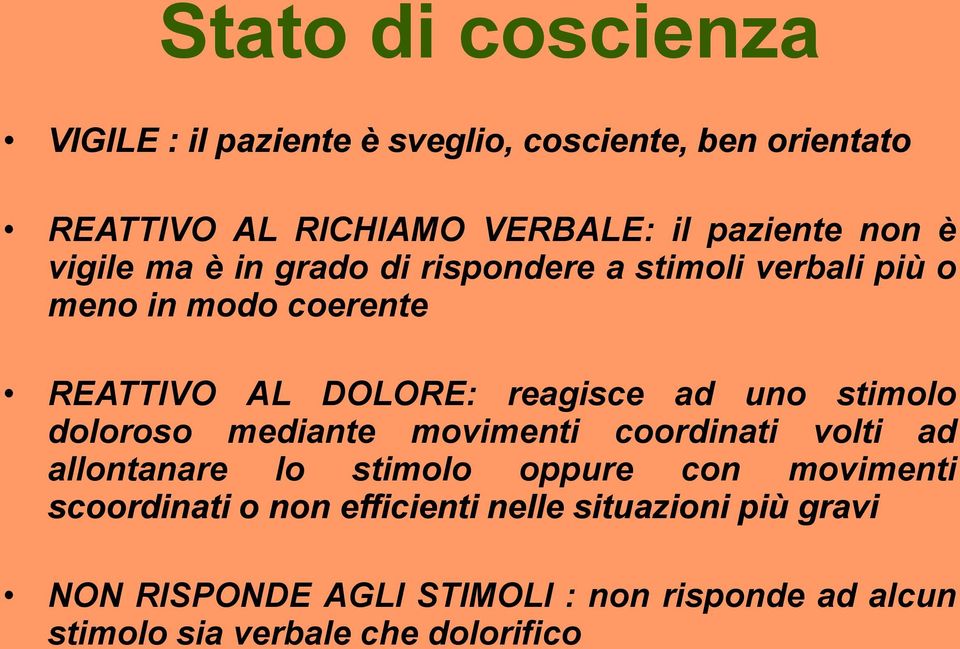 uno stimolo doloroso mediante movimenti coordinati volti ad allontanare lo stimolo oppure con movimenti scoordinati o