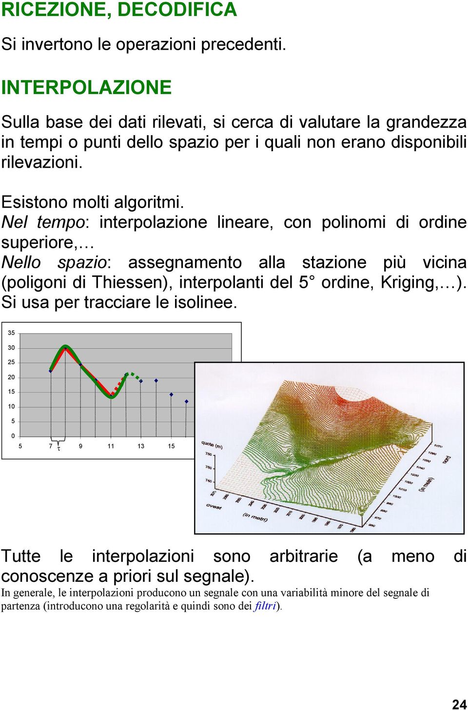 Nel tempo: interpolazione lineare, con polinomi di ordine superiore, Nello spazio: assegnamento alla stazione più vicina (poligoni di Thiessen), interpolanti del 5 ordine, Kriging, ).