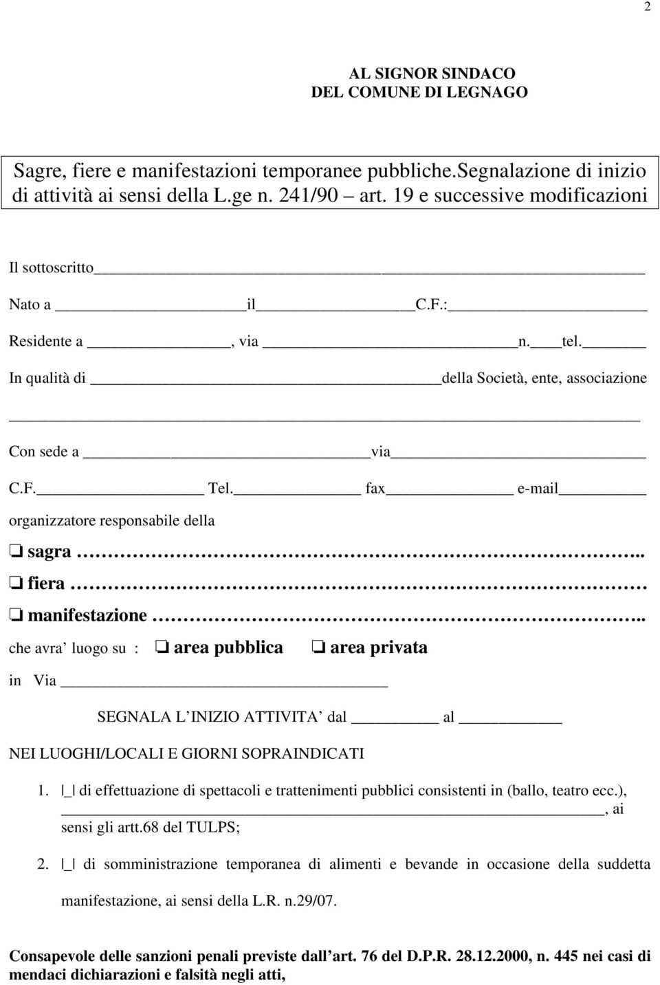 fax e-mail organizzatore responsabile della sagra.. fiera manifestazione.