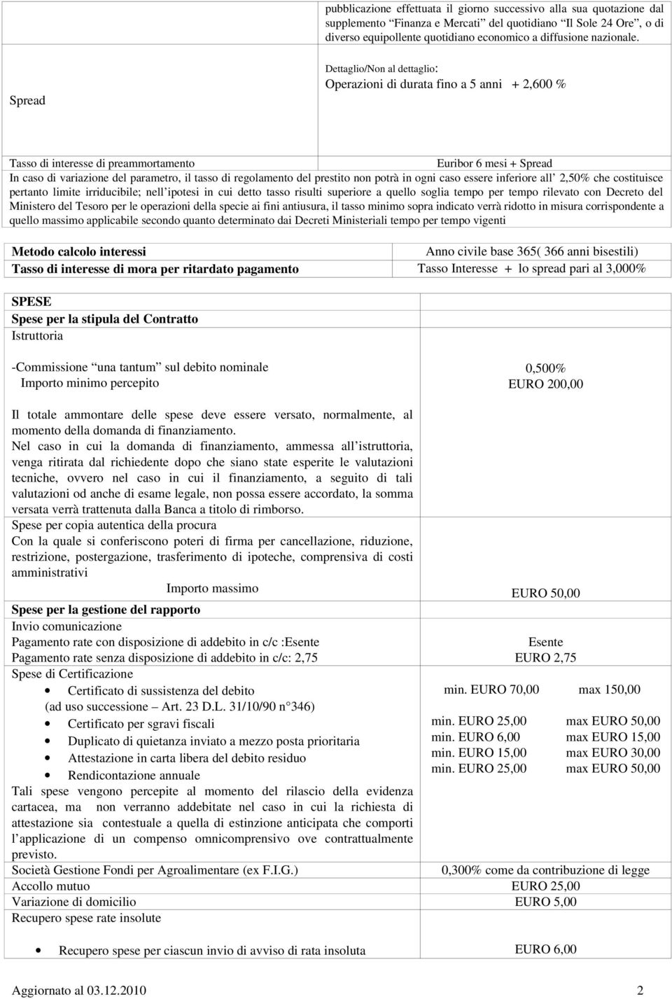 Spread Dettaglio/Non al dettaglio: Operazioni di durata fino a 5 anni + 2,600 % Tasso di interesse di preammortamento Euribor 6 mesi + Spread In caso di variazione del parametro, il tasso di