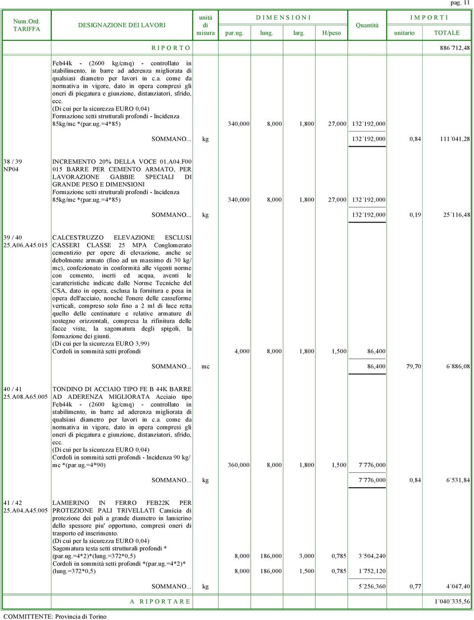 .. kg 132 192,000 0,84 111 041,28 38 / 39 INCREMENTO 20% DELLA VOCE 01.A04.