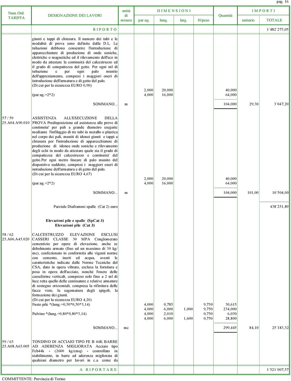 ed il grado di compattezza del getto. Per ogni ml di tubazione e per ogni palo munito dell'apprestamento, compresi i maggiori oneri di introduzione dell'armatura e di getto del palo.