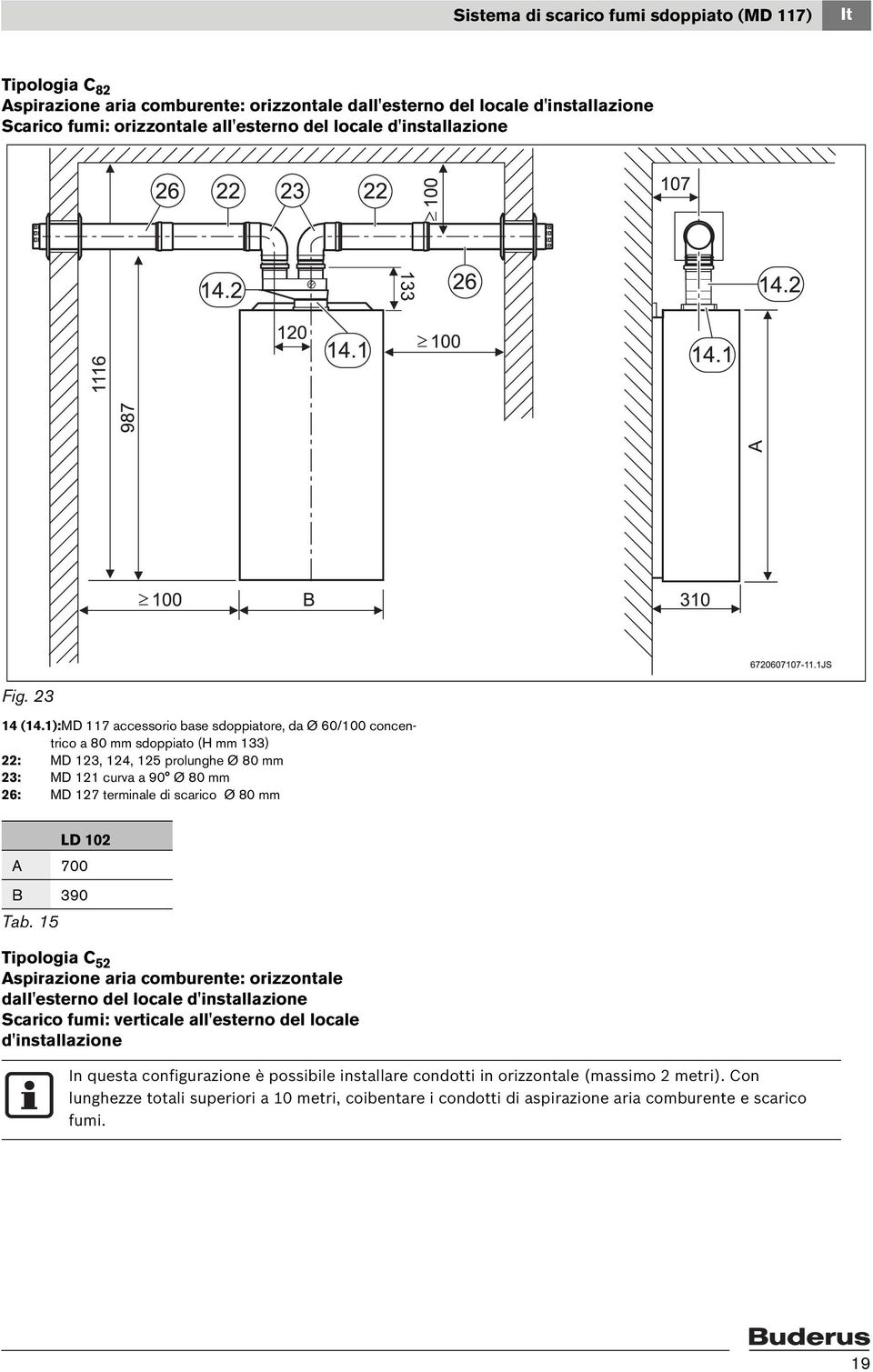 1):MD 117 accessorio base sdoppiatore, da Ø 60/100 concentrico a 80 mm sdoppiato (H mm 133) 22: MD 123, 124, 125 prolunghe Ø 80 mm 23: MD 121 curva a 90 Ø 80 mm 26: MD 127 terminale di scarico Ø 80