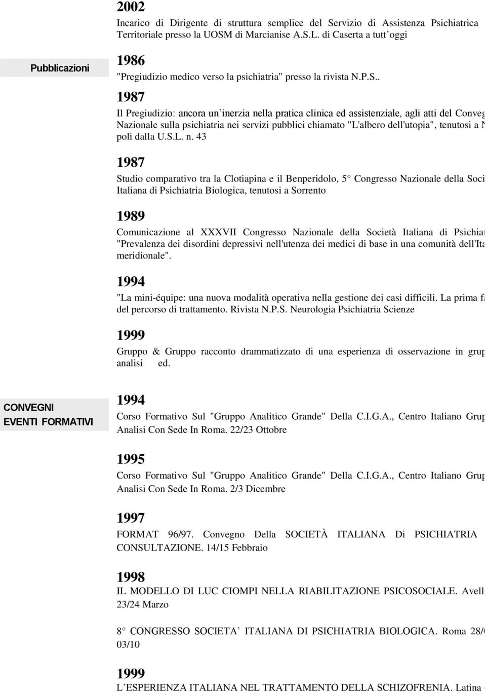 . 1987 Il Pregiudizio: ancora un inerzia nella pratica clinica ed assistenziale, agli atti del Convegno Nazionale sulla psichiatria nei servizi pubblici chiamato "L'albero dell'utopia", tenutosi a