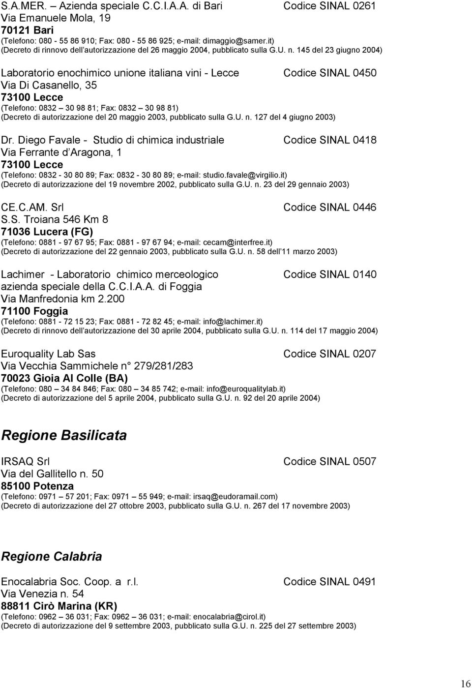 145 del 23 giugno 2004) Laboratorio enochimico unione italiana vini - Lecce Codice SINAL 0450 Via Di Casanello, 35 73100 Lecce (Telefono: 0832 30 98 81; Fax: 0832 30 98 81) (Decreto di autorizzazione