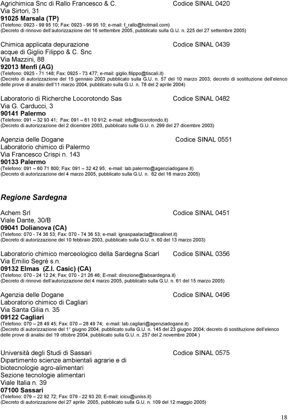 Snc Via Mazzini, 88 92013 Menfi (AG) (Telefono: 0925-71 148; Fax: 0925-73 477; e-mail: giglio.filippo@tiscali.it) (Decreto di autorizzazione del 15 gennaio 2003 pubblicato sulla G.U. n.