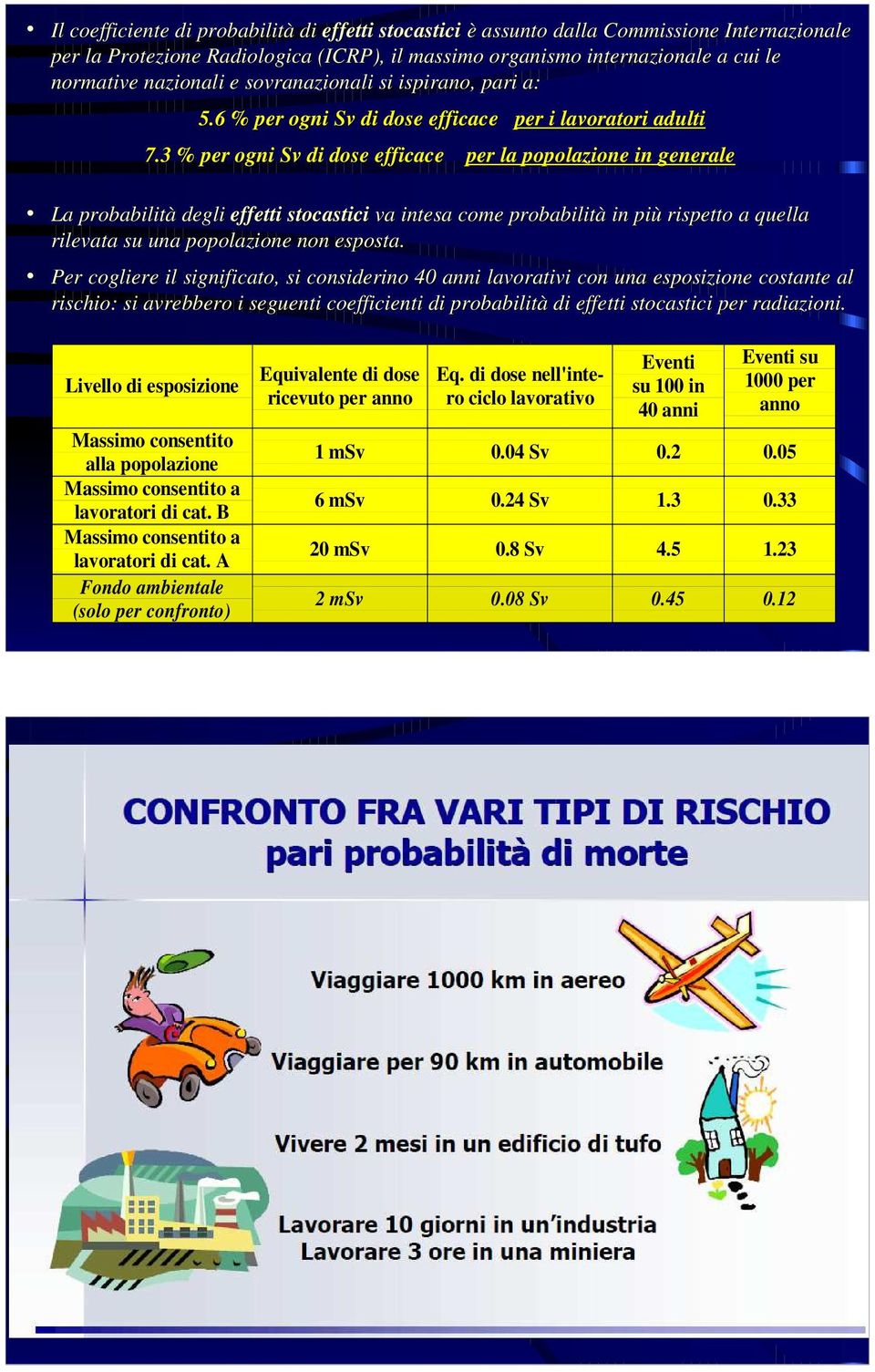 3 % per ogni Sv di dose efficace per la popolazione in generale La probabilità degli effetti stocastici va intesa come probabilità in più rispetto a quella rilevata su una popolazione non esposta.