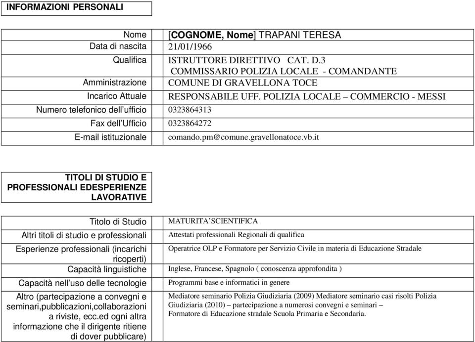 it MATURITA SCIENTIFICA Attestati professionali Regionali di qualifica Operatrice OLP e Formatore per Servizio Civile in materia di Educazione Stradale Inglese, Francese, Spagnolo ( conoscenza