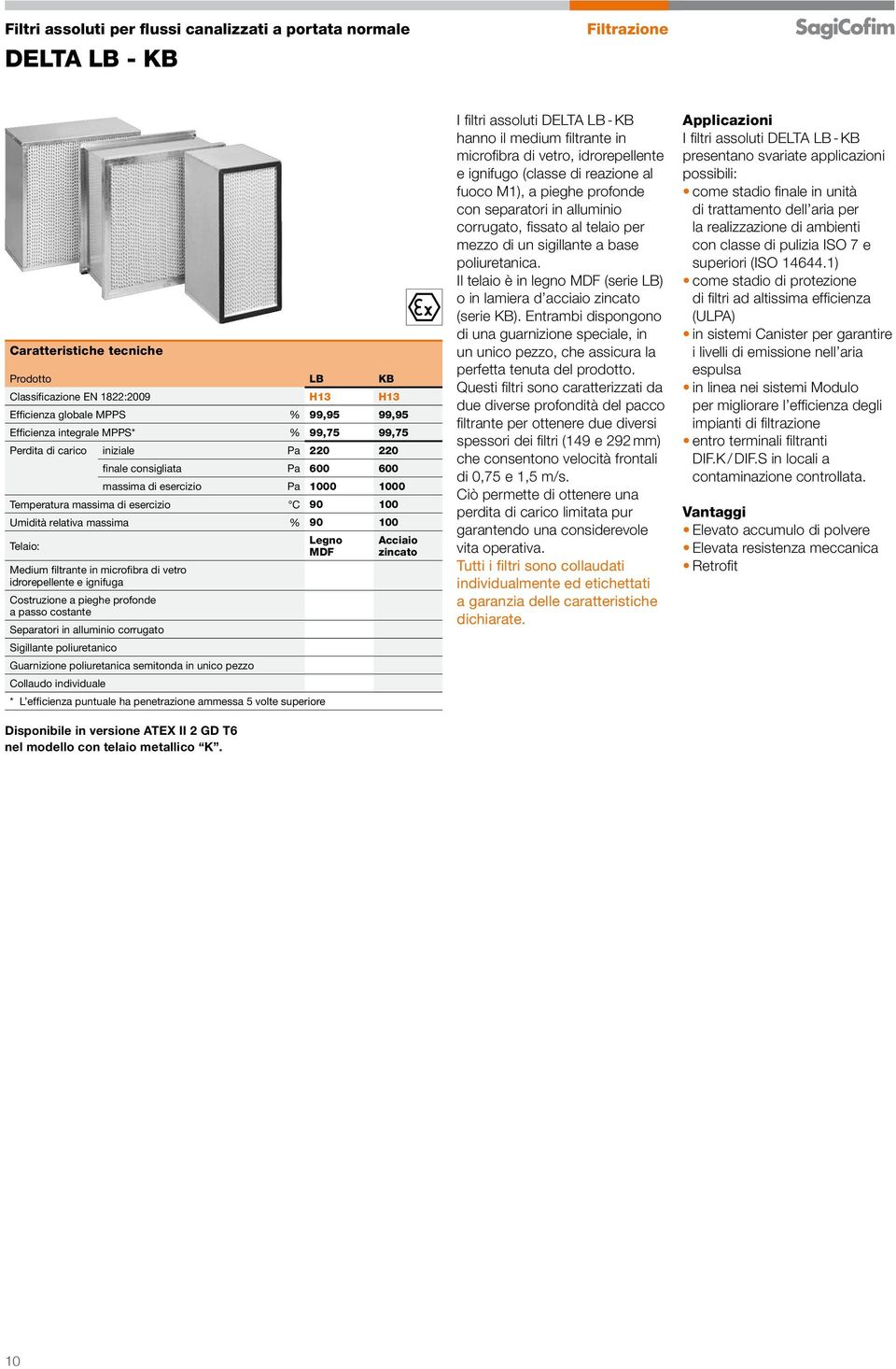 % 90 100 Legno Telaio: MDF Medium filtrante in microfibra di vetro idrorepellente e ignifuga Costruzione a pieghe profonde a passo costante Separatori in alluminio corrugato Sigillante poliuretanico