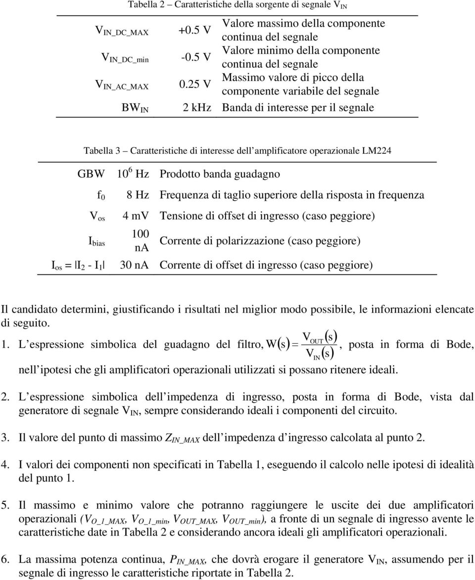 5 V Massimo valore di picco della componente variabile del segnale BW IN khz Banda di interesse per il segnale Tabella 3 Caratteristiche di interesse dell amplificatore operazionale LM4 GBW 10 6 Hz