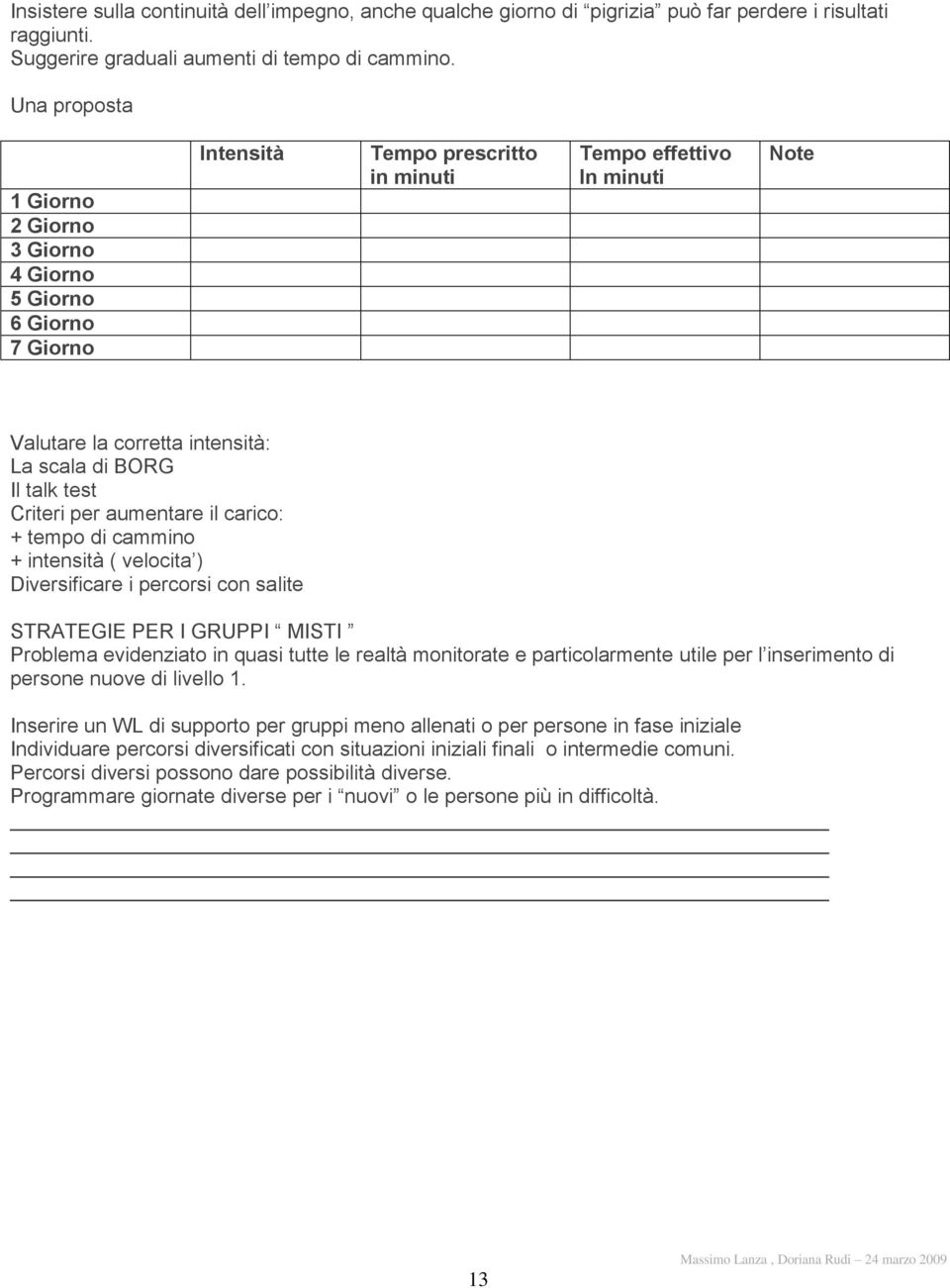 talk test Criteri per aumentare il carico: + tempo di cammino + intensità ( velocita ) Diversificare i percorsi con salite STRATEGIE PER I GRUPPI MISTI Problema evidenziato in quasi tutte le realtà