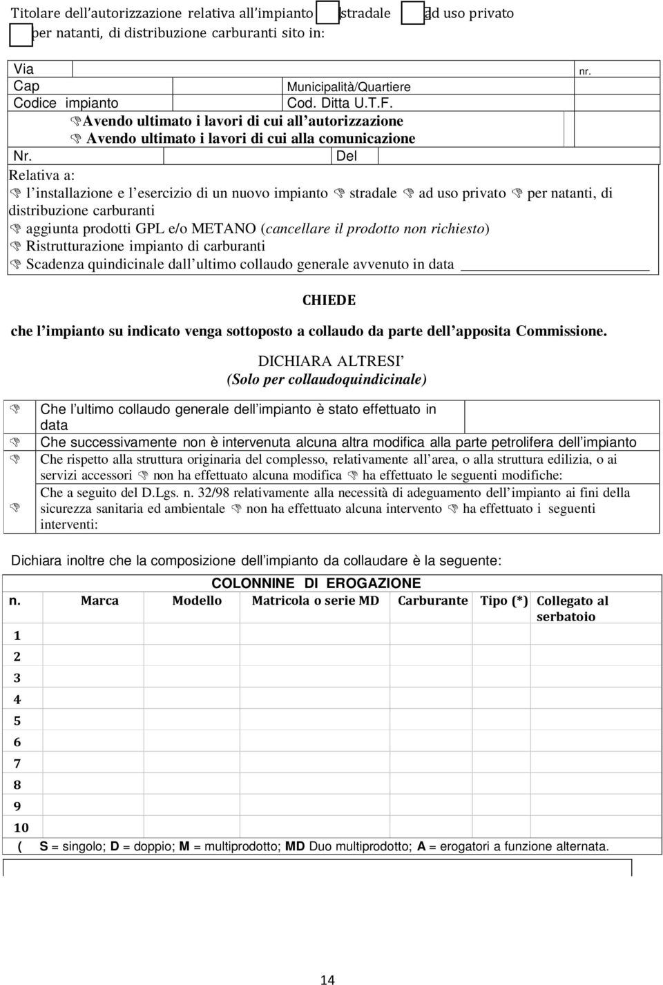 Del Relativa a: l installazione e l esercizio di un nuovo impianto stradale ad uso privato per natanti, di distribuzione carburanti aggiunta prodotti GPL e/o METANO (cancellare il prodotto non