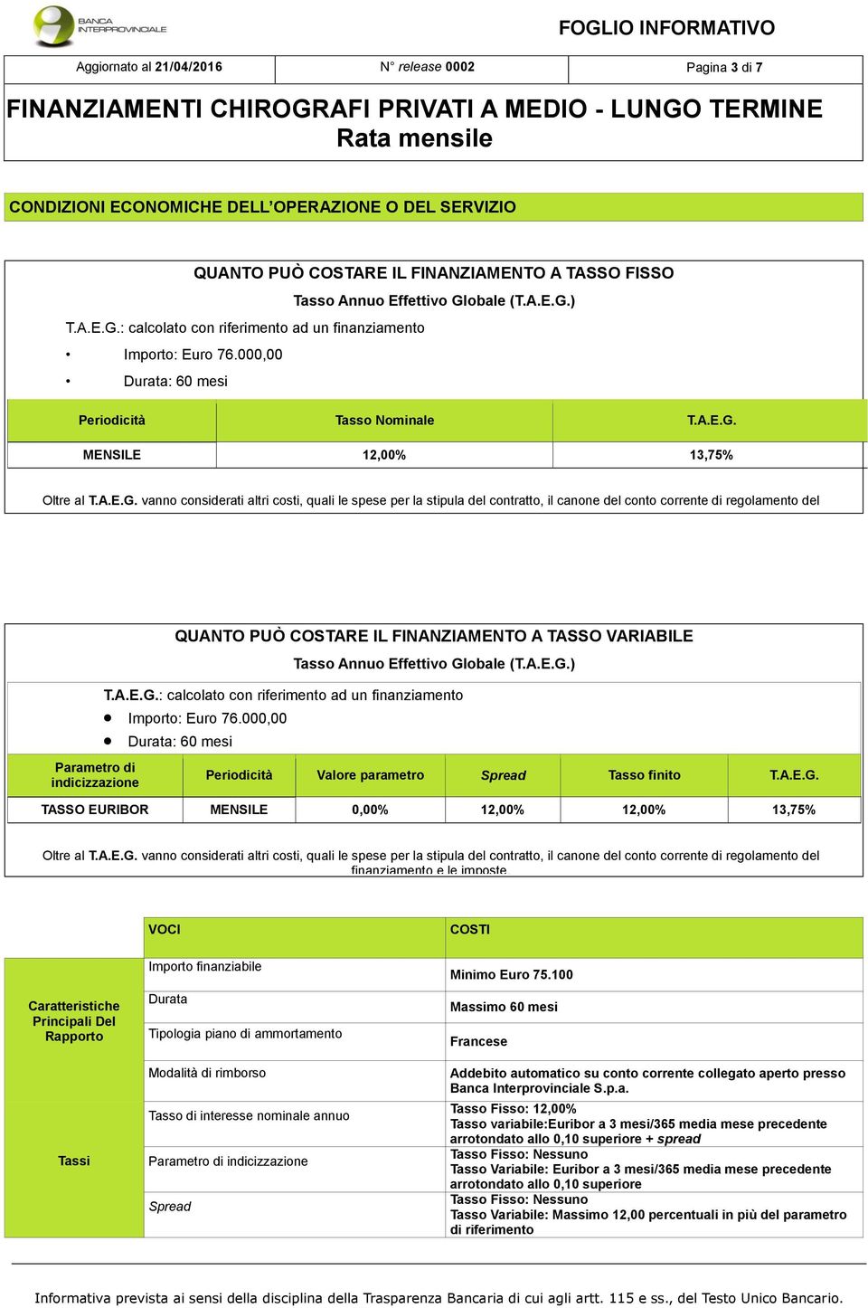 Parametro di indicizzazione QUANTO PUÒ COSTARE IL FINANZIAMENTO A TASSO VARIABILE Tasso Annuo Effettivo Globale (T.A.E.G.) T.A.E.G.: calcolato con riferimento ad un finanziamento Importo: Euro 76.