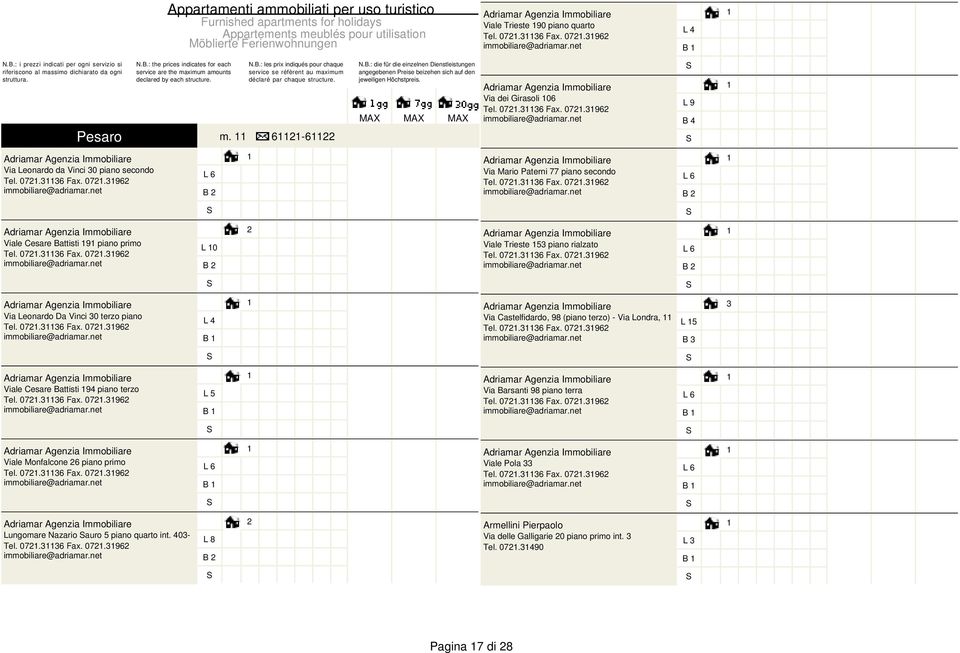 N.B.: les prix indiqués pour chaque service se réfèrent au maximum déclaré par chaque structure. Pesaro m. 600 62-622 N.B.: die für die einzelnen Dienstleistungen angegebenen Preise beizehen sich auf den jeweiligen Höchstpreis.