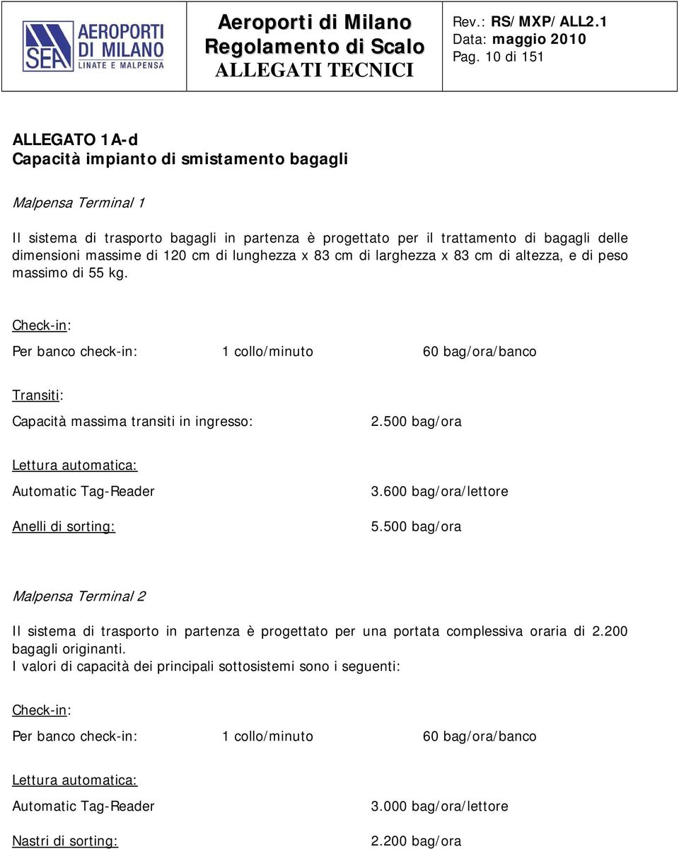 Check-in: Per banco check-in: 1 collo/minuto 60 bag/ora/banco Transiti: Capacità massima transiti in ingresso: 2.500 bag/ora Lettura automatica: Automatic Tag-Reader Anelli di sorting: 3.