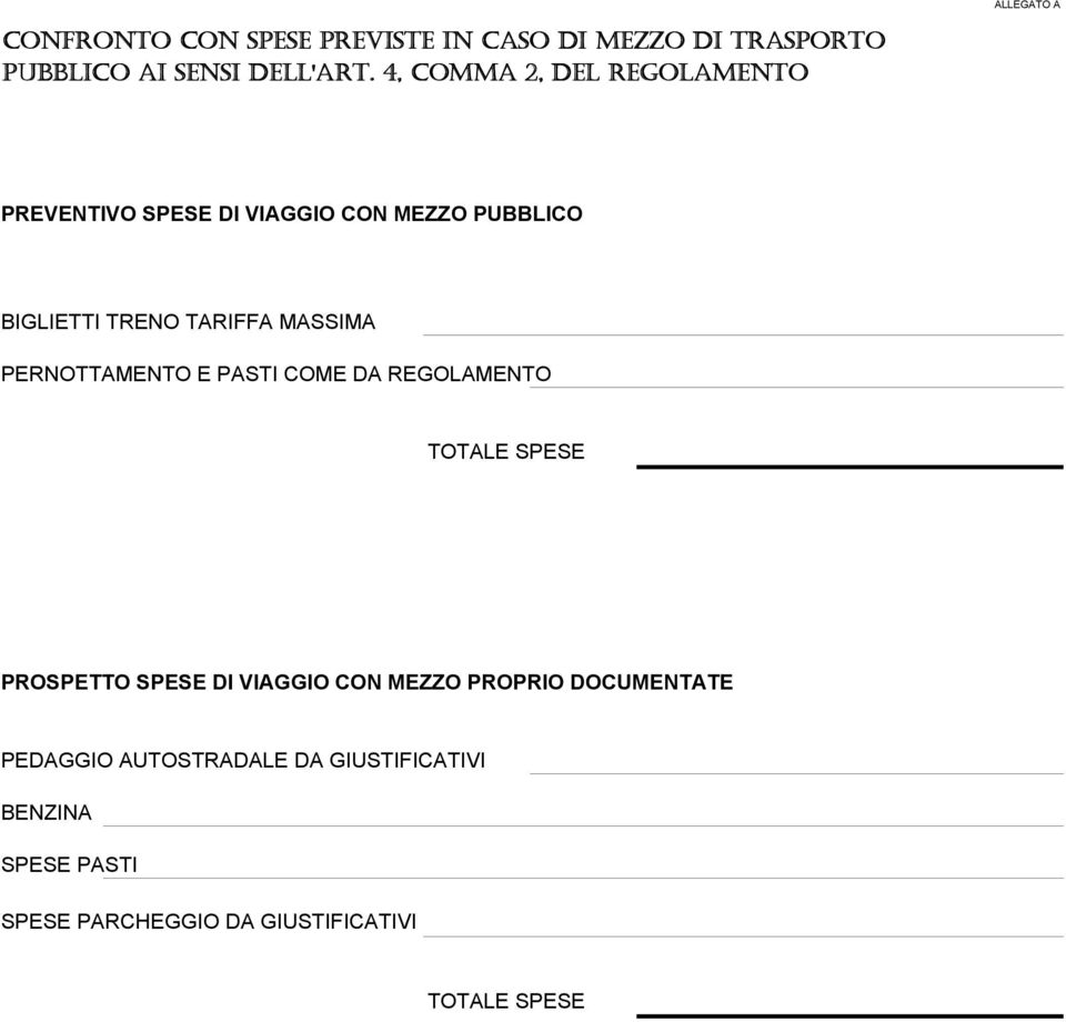PERNOTTAMENTO E PASTI COME DA REGOLAMENTO TOTALE SPESE PROSPETTO SPESE DI VIAGGIO CON MEZZO PROPRIO