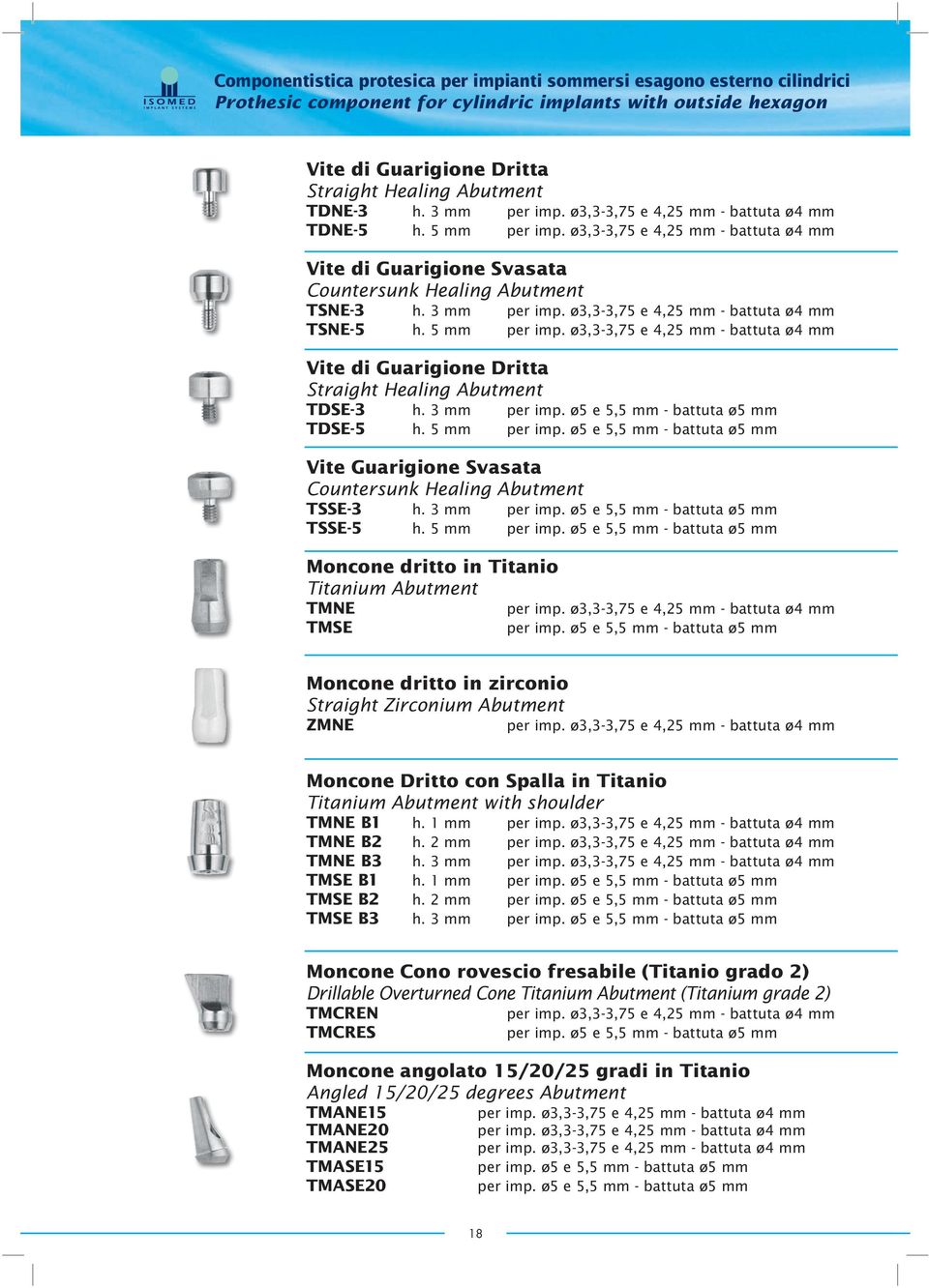 ø3,3-3,75 e 4,25 mm - battuta ø4 mm TSNE-5 h. 5 mm per imp. ø3,3-3,75 e 4,25 mm - battuta ø4 mm Vite di Guarigione Dritta Straight Healing Abutment TDSE-3 h. 3 mm per imp.