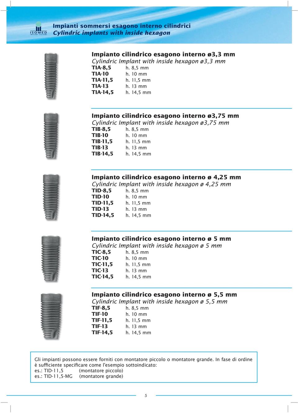 10 mm TIB-11,5 h. 11,5 mm TIB-13 h. 13 mm TIB-14,5 h. 14,5 mm Impianto cilindrico esagono interno ø 4,25 mm Cylindric Implant with inside hexagon ø 4,25 mm TID-8,5 h. 8,5 mm TID-10 h.