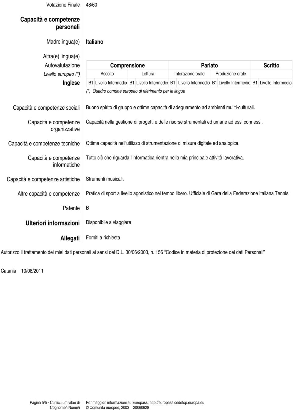 informatiche artistiche Altre capacità e competenze Patente Ulteriori informazioni Allegati Buono spirito di gruppo e ottime capacità di adeguamento ad ambienti mullti-culturali.