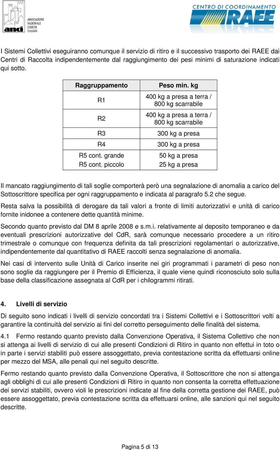 kg 400 kg a presa a terra / 800 kg scarrabile 400 kg a presa a terra / 800 kg scarrabile 300 kg a presa 300 kg a presa 50 kg a presa 25 kg a presa Il mancato raggiungimento di tali soglie comporterà