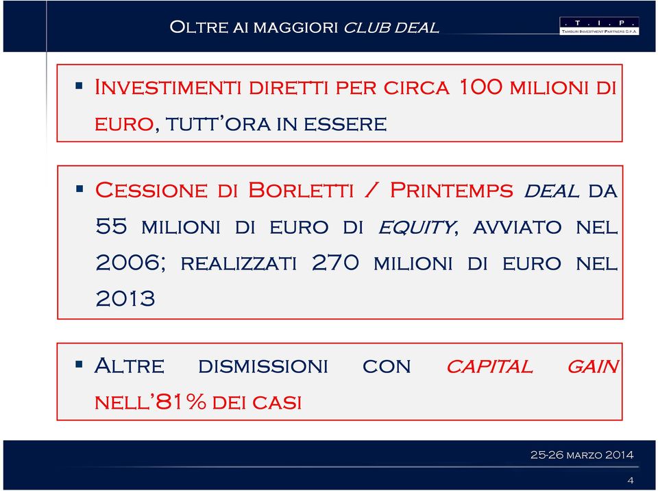 milioni di euro di equity, avviato nel 2006; realizzati 270 milioni di